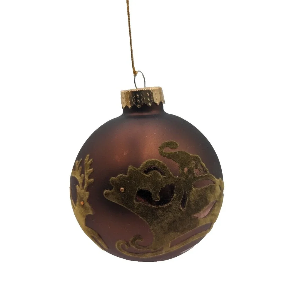 Large brown glass ball Christmas ornament flocked reindeer Santa's sleigh